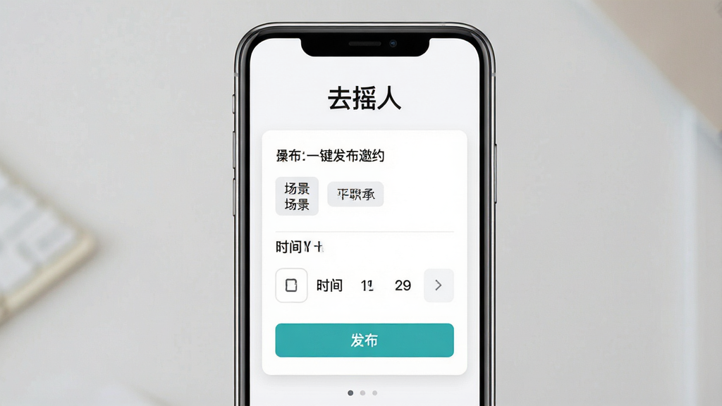一张去摇人软件功能展示图,画面主体为手机屏幕上一键发布邀约的操作界面,布局为居中展示,上方标题