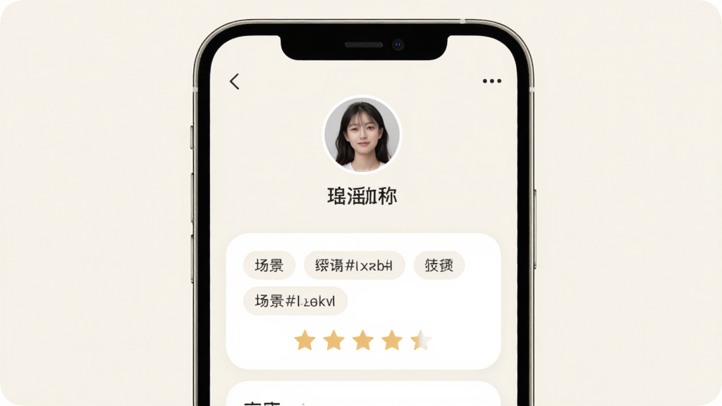 一张去摇人软件个人主页展示图,画面主体为手机屏幕上的用户资料页,布局为上下结构,上方为头像与昵称,中间为场景标签与评价星级,风格淡雅简约,细节包含圆角卡片、浅色背景、清晰文字,画质干净无多余元素