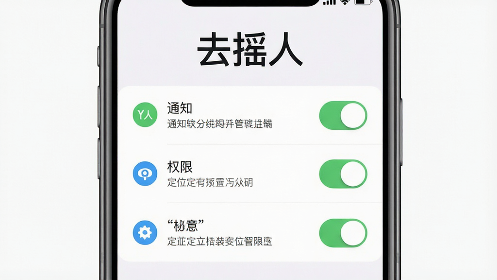 一张去摇人软件安装与权限设置示意图,画面主体为手机屏幕上的权限管理界面,布局为居中展示,上方标注
