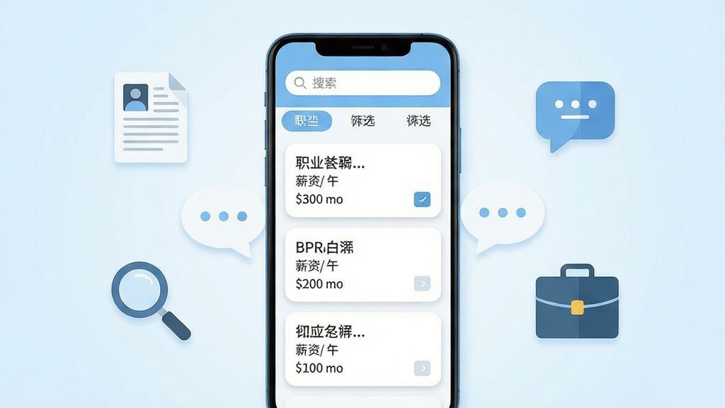 画面中央放置一部竖屏安卓手机,手机屏幕内展示简洁的求职岗位列表界面,顶部有搜索框与筛选标签,下方为若干岗位卡片,卡片内包含职位名称与薪资信息;手机两侧以扁平化图标点缀简历、对话气泡、放大镜、公文包等元素,布局呈左右对称;整体采用浅蓝与白色为主的清爽风格,背景为柔和渐变;细节上岗位卡片带有圆角与轻微阴影,图标线条干净;画质清晰,画面干净,无多余元素,无杂乱文字