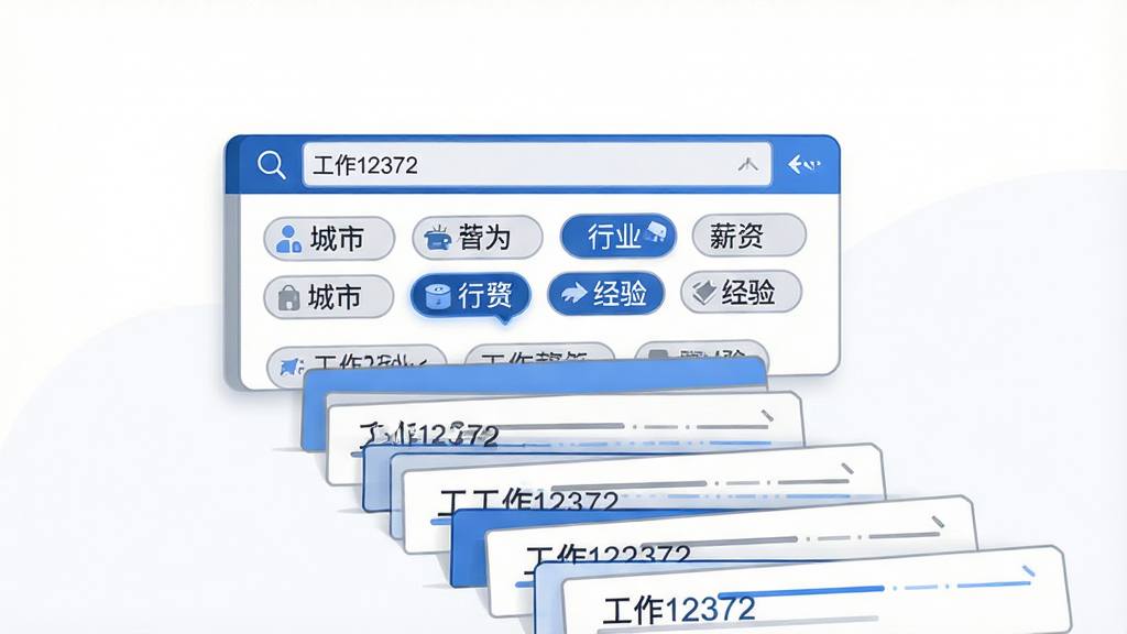 画面主体为一块悬浮的搜索面板,面板内排列城市、行业、薪资、经验等多个筛选标签,标签以胶囊形状呈现,部分标签处于选中高亮状态;面板下方延伸出多条岗位信息条,呈阶梯状排列,体现筛选后结果收敛的视觉效果;布局为居中构图,上方留白;风格为扁平化商务插画,主色为蓝白灰;细节上标签带有细小图标,信息条带有分隔线;画质清晰,画面干净,无多余元素,图中出现文字“工作12372”
