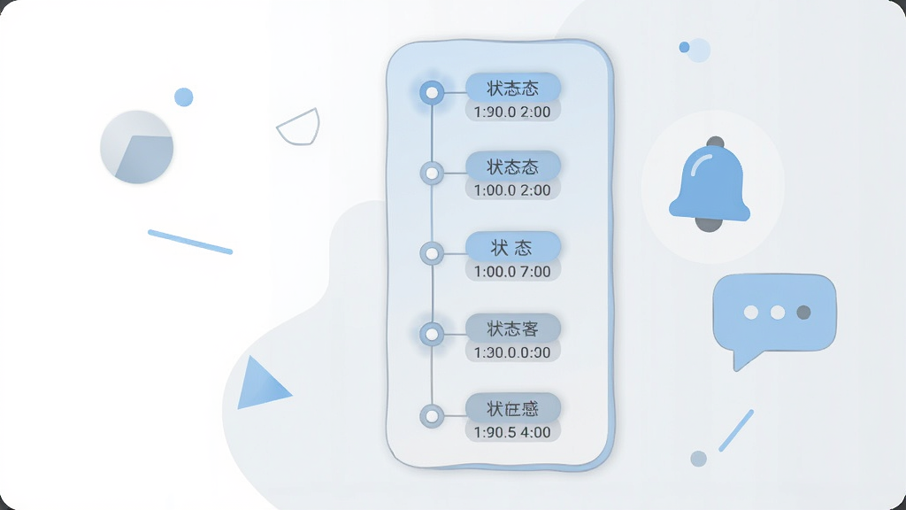 画面中央为一块纵向排列的进度追踪面板,面板内自上而下排列若干状态节点,节点之间以细线连接,节点旁配有状态标签与时间信息;面板右侧漂浮一个铃铛图标与对话气泡,象征提醒与沟通;布局为居中偏右构图,左侧留白放置简洁几何装饰;风格为柔和圆角扁平插画,主色为浅蓝与浅灰;细节上节点带有小圆点高亮,线条细腻;画质清晰,画面干净,无多余元素