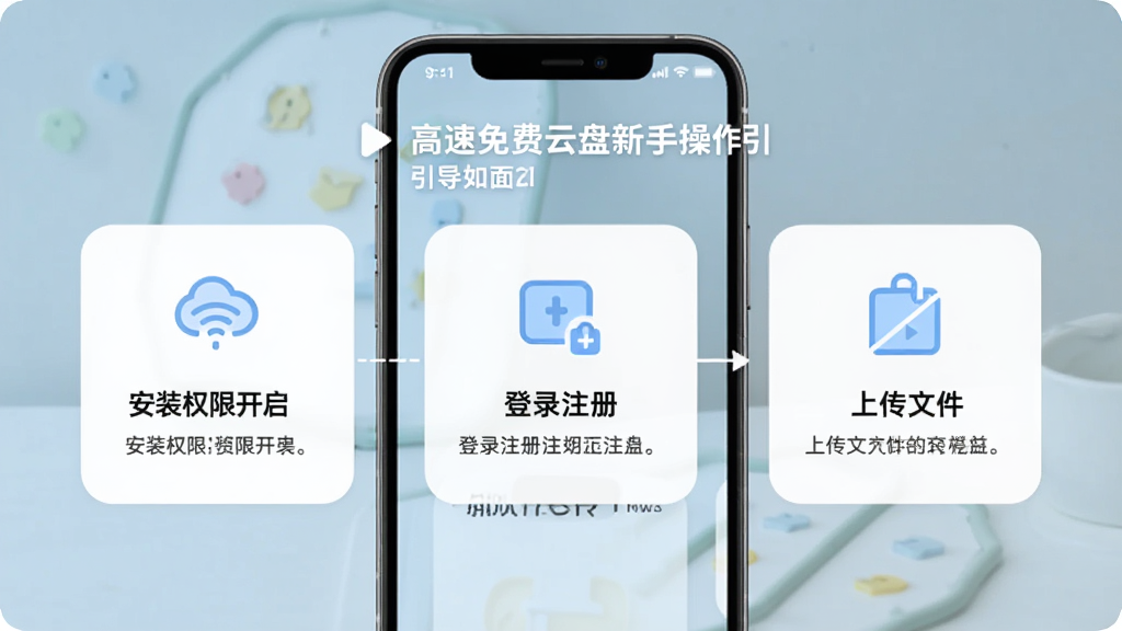 高速免费云盘新手操作引导页面,画面展示手机屏幕内分步骤提示安装权限开启、登录注册、上传文件三个卡片模块,每个模块配有简洁图标与文字说明,风格清新浅色,圆角设计,排版整齐,画质清晰干净
