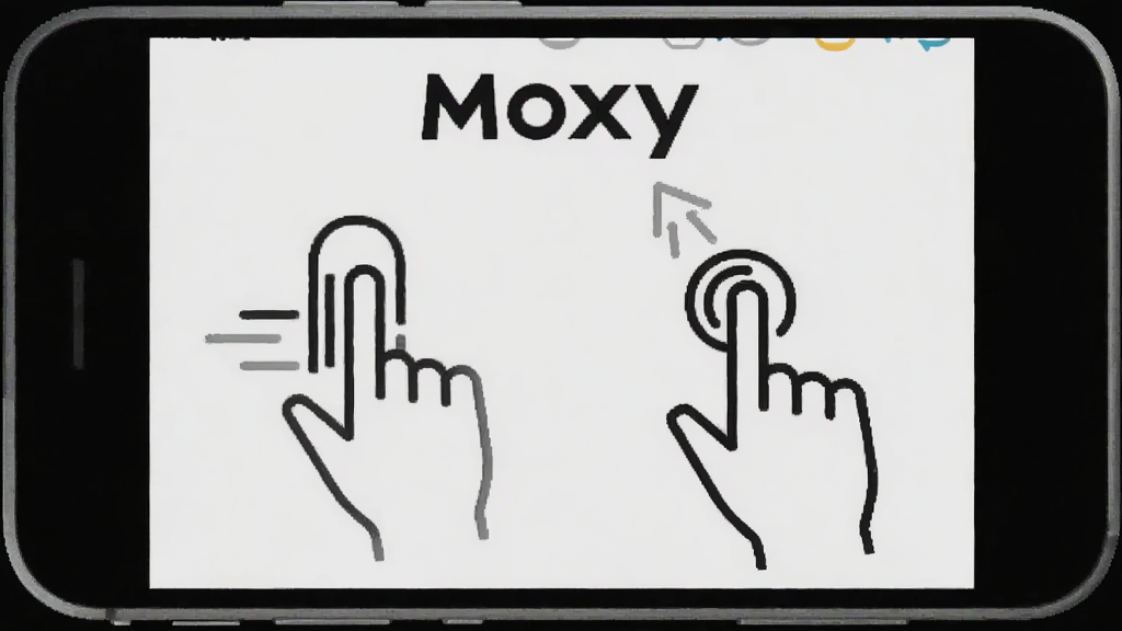一张展示Moxy手势操作提示界面的手机截图风格图片,画面中用简洁的线条示意滑动和长按动作,界面背景为浅灰色,带有Moxy标识,整体风格偏向教程说明类,画质清晰无杂乱元素