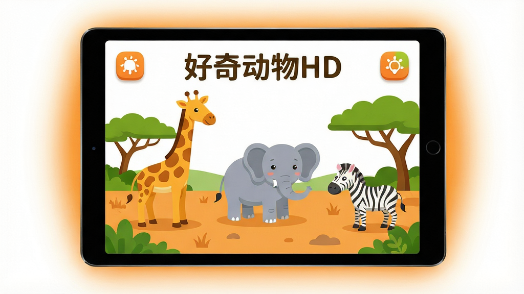 一张横版儿童科普应用场景图,画面主体是一台横放的平板电脑,屏幕上显示卡通风格的非洲草原场景,有长颈鹿、大象和斑马,屏幕上方有