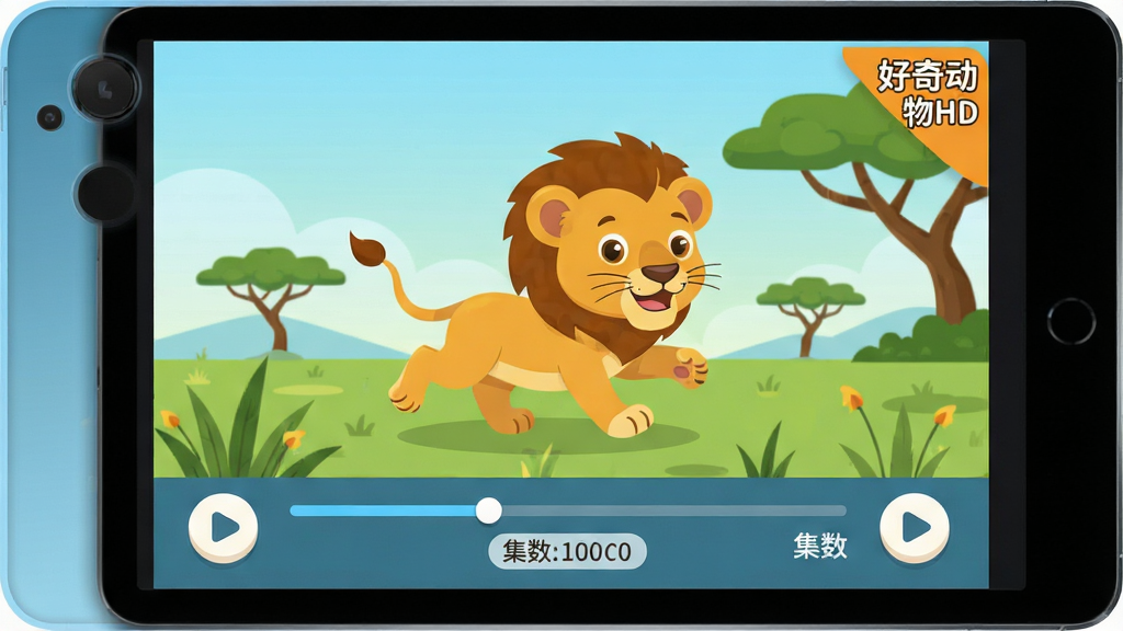 一张儿童动画科普界面图,画面主体是平板屏幕中正在播放的卡通动物短片,屏幕中央是一只拟人化的小狮子在草原上奔跑,屏幕下方有播放进度条和集数标签,布局为屏幕占画面主体、背景为浅蓝色渐变,排版突出屏幕内容,风格为扁平卡通插画,细节包括圆润的播放按钮和