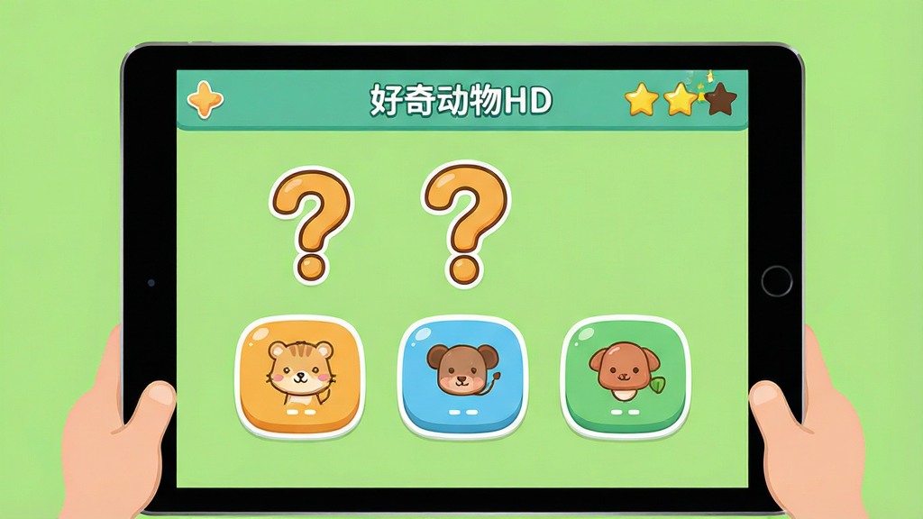 一张儿童知识问答界面图,画面主体是平板屏幕显示一道动物选择题,题目区域有卡通问号和三个带图标的选项按钮,屏幕右上角有星星计数,布局为屏幕居中、背景为浅绿色,排版清晰分区明确,风格为扁平化卡通UI,细节包括圆角按钮和