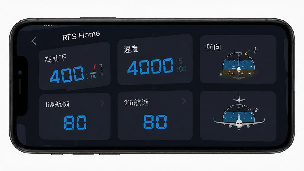 手机屏幕展示“RFS Home”飞行数据查询页面,画面中有高度、速度、航向等参数卡片,配有小型的飞机姿态示意图,整体采用深色背景搭配蓝色高亮数字,风格专业简洁,布局整齐,画质清晰干净,无杂乱元素