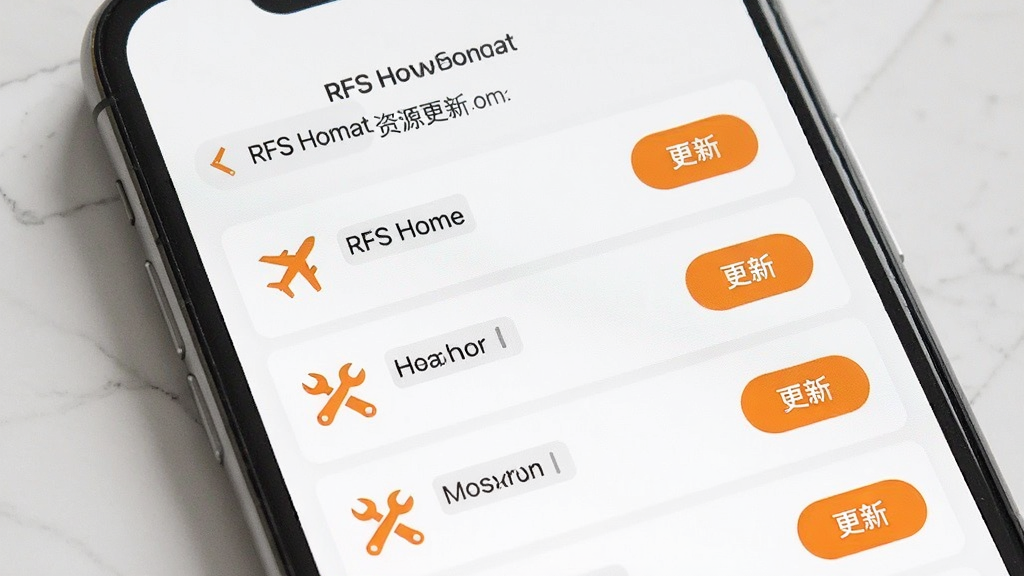 手机屏幕呈现“RFS Home”资源更新提醒页面,画面中有若干条带更新标识的列表项,每条前面有飞机或工具小图标,右侧显示“更新”按钮,整体采用白色背景搭配橙色点缀,风格明快,布局清晰,画质干净,无多余装饰