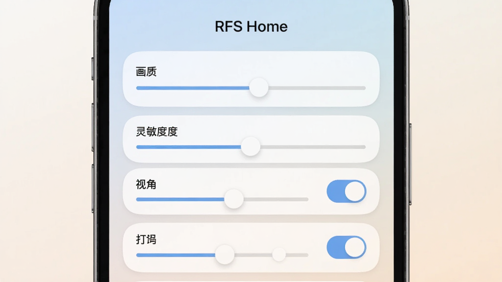 一部手机显示“RFS Home”设置调整界面,屏幕中有多个滑动条和开关选项,分别标注画质、灵敏度、视角等参数,界面采用圆角卡片设计,配色柔和,背景为简约的浅色渐变,整体风格清爽,细节清晰,画质干净,无多余元素