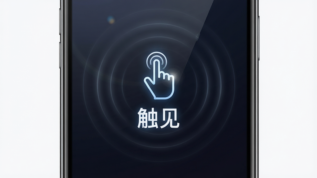 一张展示智能手机屏幕特写的图片,画面中央是触见应用的启动界面,界面风格简洁现代,背景为深色渐变,中央有发光的指尖图标与触见字样,周围环绕着淡淡的波纹扩散效果,布局居中对称,风格为科技感UI设计,细节包含细腻的光晕与玻璃质感,画质清晰,干净,无多余元素