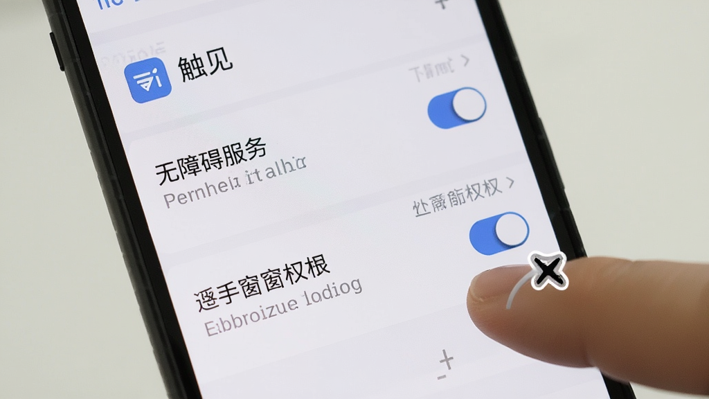 一张展示手机屏幕显示触见应用权限管理界面的图片,画面中包含无障碍服务开关与悬浮窗权限选项,界面采用列表式布局,风格简洁实用,细节包含手指点击开关的示意,画质清晰,干净,无多余元素