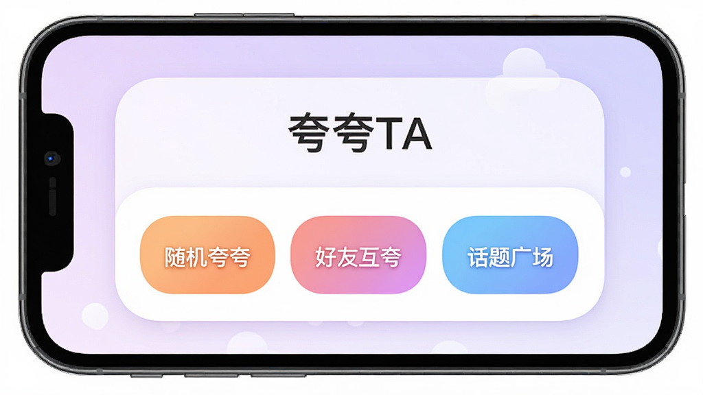 一张展示“夸夸TA”应用主界面的手机屏幕效果图,画面中央是圆润的卡片式布局,上方显示应用名称“夸夸TA”,下方排列着“随机夸夸”“好友互夸”“话题广场”三个彩色按钮,背景为柔和的浅紫色渐变,风格清新简约,细节清晰,画质干净,无多余元素