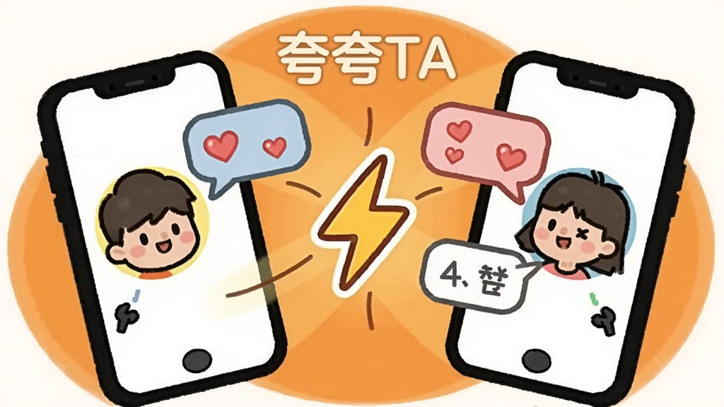 一张表现“夸夸TA”随机匹配场景的插画,画面左右各有一部手机,屏幕中显示两个卡通头像正在互相发送爱心与赞美气泡,中间用闪电符号连接表示匹配成功,背景为暖橙色圆形光晕,风格活泼可爱,排版居中对称,细节丰富,画质干净,无多余元素