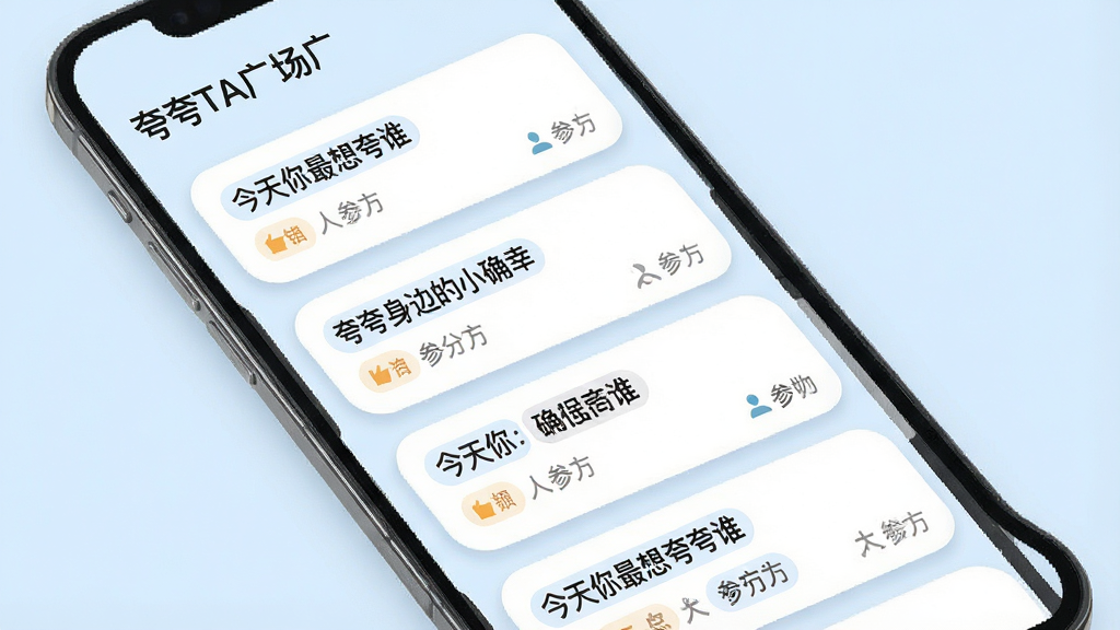 一张展示“夸夸TA”话题广场页面的手机界面图,屏幕中纵向排列着多个话题卡片,如“今天你最想夸谁”“夸夸身边的小确幸”等,每张卡片带有话题标签和参与人数,界面采用圆角卡片与柔和阴影,背景为浅蓝色,风格清爽现代,排版整齐,细节清晰,画质干净,无多余元素