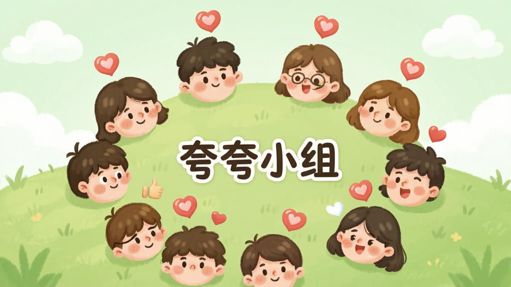 一张描绘“夸夸TA”好友互夸小组功能的概念图,画面中多个卡通人物头像围成一圈,每人头顶悬浮着点赞与爱心图标,中央显示“夸夸小组”字样,背景为淡绿色草地与白云,风格温馨治愈,布局环形展开,细节生动,画质干净,无多余元素