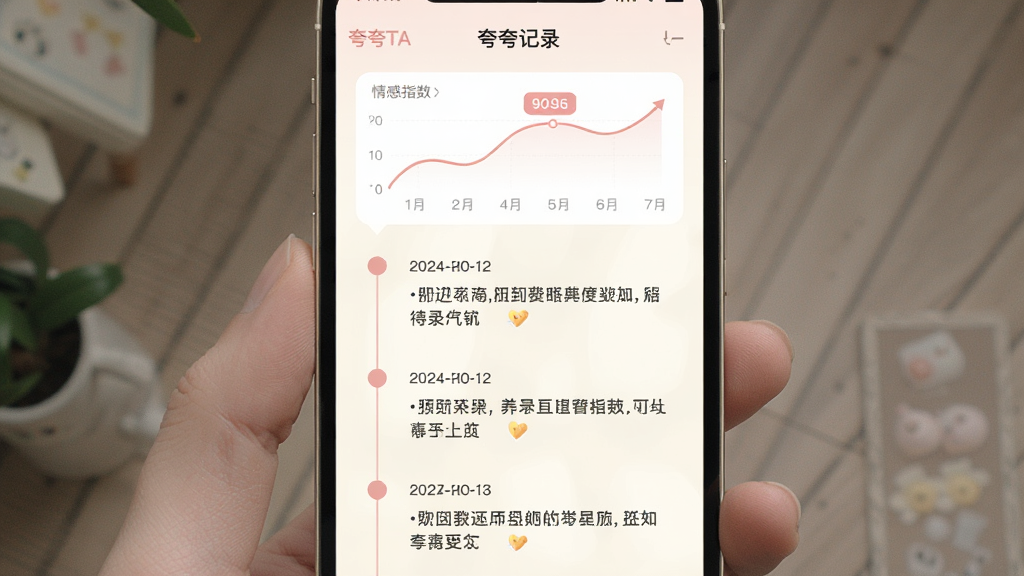一张展示“夸夸TA”夸夸记录页面的手机界面图,屏幕中显示一条纵向时间轴,节点上标注着日期与收到的赞美短句,顶部有情感指数曲线图,界面配色为米白与浅粉,风格柔和细腻,排版清晰,细节丰富,画质干净,无多余元素