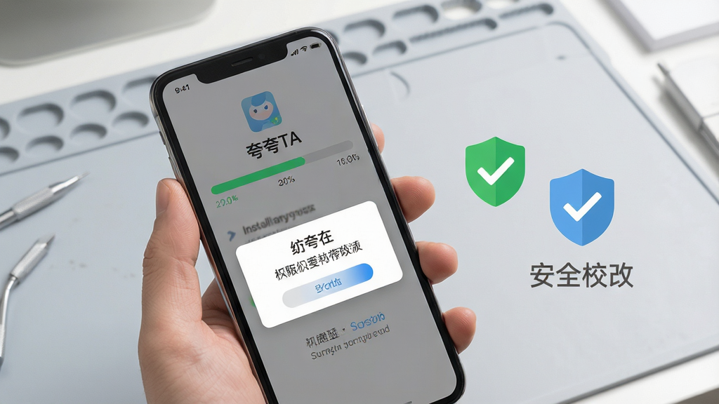 一张展示手机安装应用过程的示意图,画面中一只手拿着手机,屏幕显示“夸夸TA”安装进度条与权限授权弹窗,旁边有对勾与盾牌图标表示安全校验,背景为浅灰色工作台面,风格写实简洁,布局清晰,细节明确,画质干净,无多余元素
