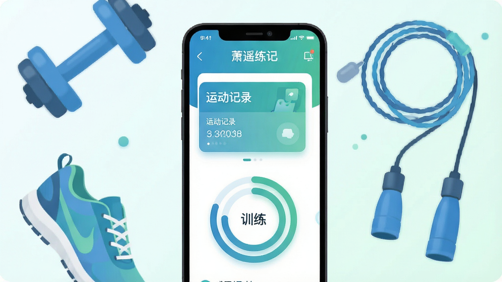 画面中央放置一部智能手机,手机屏幕上显示“萧遥练记”应用主界面,界面包含运动记录卡片和训练进度环形图;手机周围环绕哑铃、跑鞋、跳绳等运动元素,采用扁平化插画风格,配色以清新蓝绿为主,背景为浅色渐变,细节干净整洁,画质清晰,无多余装饰元素