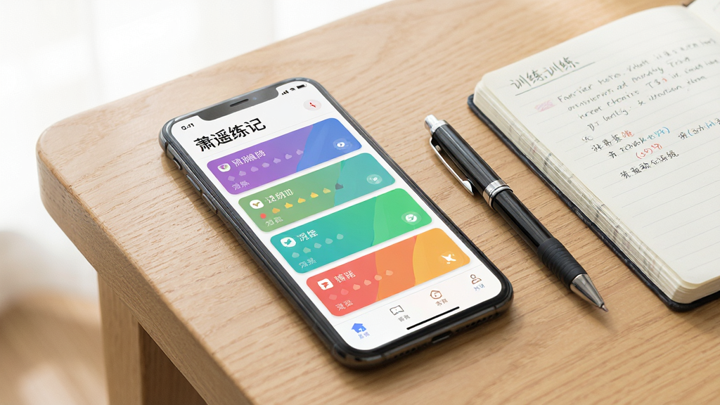 一部手机平放在木质桌面上,屏幕显示“萧遥练记”的运动记录列表页面,多条彩色记录卡片整齐排列,旁边放着一支笔和一本训练笔记,整体采用明亮写实风格,光线柔和,构图简洁,画质细腻,背景干净