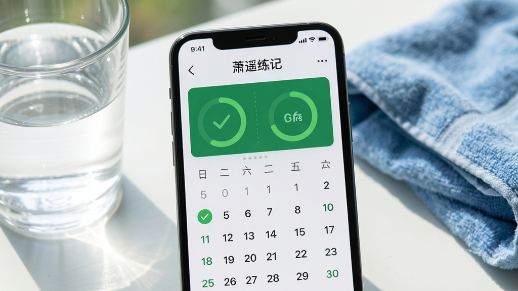 手机屏幕特写,显示“萧遥练记”的打卡日历与连续训练天数统计,界面以绿色对勾和进度环展示成果,手机旁有一杯水和运动毛巾,风格清新自然,细节丰富,画质清晰,构图居中