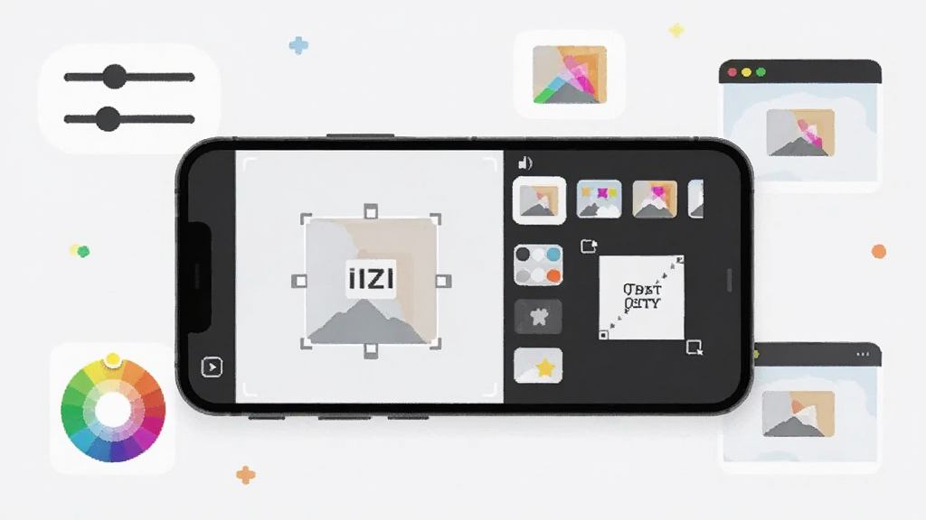 画面中央一部手机横向放置,屏幕显示“IIZI”编辑界面,包含裁剪框、滤镜缩略图与文字图层,手机周围漂浮着滑块、色轮与预览窗口图标,背景为浅灰白色,风格为现代简约扁平插画,细节干净,画质清晰,无杂乱元素