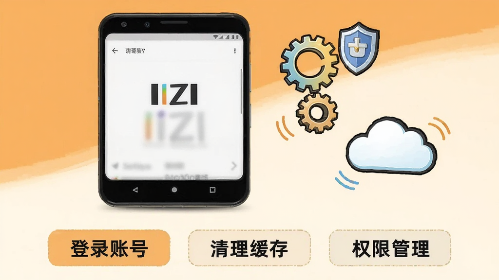 画面展示一部安卓手机屏幕显示“IIZI”设置界面,旁边有卡通化的齿轮、盾牌与云朵图标,手机下方列出“登录账号”“清理缓存”“权限管理”三个步骤标签,背景为浅橙与米白拼接,风格为简洁教程插画,布局清晰,细节干净,画质明亮