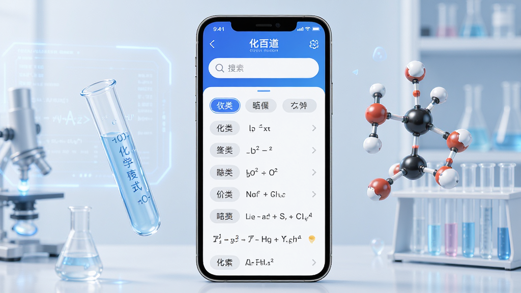 画面展示“化百道”应用内化学方程式速查界面,手机屏幕中呈现分类列表与搜索框,屏幕旁悬浮展示试管与分子结构模型,布局为居中手机展示配合左右辅助元素,排版简洁有序,风格为科技教育风,细节包含搜索图标、分类标签与方程式文本,画质高清,画面干净,无多余元素