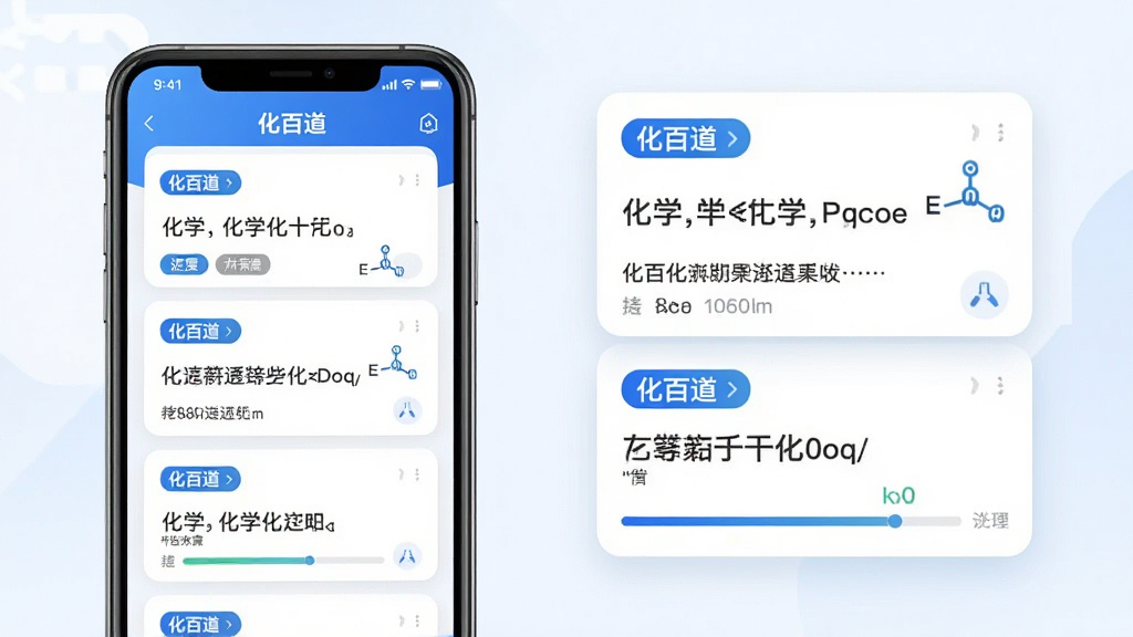 画面主体为“化百道”应用内的知识点卡片界面,多张卡片呈瀑布流排列,卡片上标注化学公式与概念摘要,布局为左侧手机展示主界面、右侧悬浮展示卡片详情,排版层次分明,风格为教育类应用清新蓝白配色,细节包含卡片圆角、标签色块与进度条,画质高清,画面干净,无多余元素