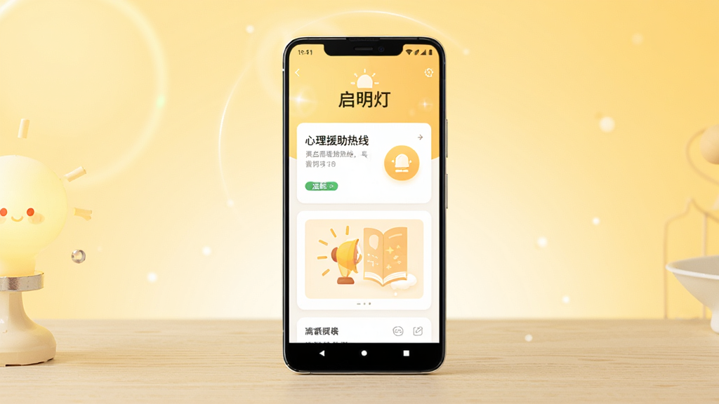画面主体为一部竖屏安卓手机,屏幕中央显示“启明灯”应用首页,页面包含心理援助热线入口和温暖灯光图标,手机放置于浅木色桌面,背景为柔和暖黄色渐变,布局简洁居中,风格清新治愈,细节包含柔和光晕和简洁卡片式界面,画质高清干净,无多余元素
