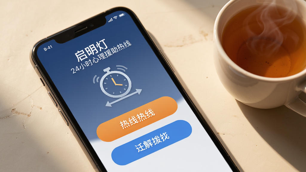 画面主体为手机屏幕特写,显示“启明灯”24小时心理援助热线拨打界面,屏幕上有醒目的热线按钮和时钟图标,手机旁放置一杯热茶,布局采用对角线构图,风格温暖安静,细节包含柔和阴影和清晰按钮,画质高清干净,无多余元素