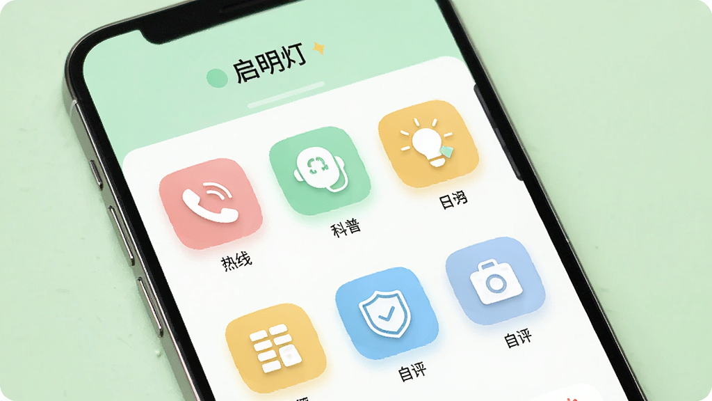画面主体为手机屏幕展示“启明灯”首页功能导航,页面有热线、科普、自评等图标排列,手机置于浅绿色背景,布局采用网格化展示,风格清新明快,细节包含圆角图标和柔和底色,画质高清干净,无多余元素