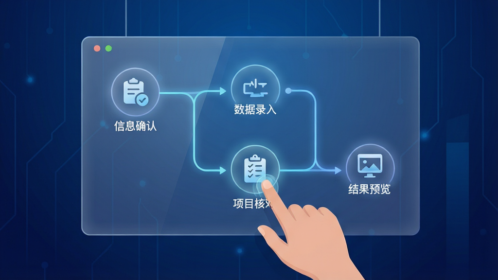画面主体为一块悬浮的半透明数字面板,面板上以流程图形式展示“信息确认”“数据录入”“项目核对”“结果预览”四个步骤节点,节点之间以发光线条连接,面板下方有一只手正在点击“数据录入”节点,背景为深蓝色渐变科技感空间,构图上面板占据画面中心三分之二区域,风格为扁平化科技插画风,细节上节点图标简洁、线条流畅、光效柔和,画质为高清矢量质感、干净利落、无多余装饰元素
