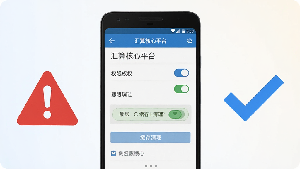 画面主体为一部安卓手机屏幕显示“汇算核心平台”的设置界面,界面上有权限开关与缓存清理按钮,手机旁边放置一个红色警示三角图标与一个蓝色对勾图标形成对比,背景为浅色渐变,构图采用手机居中、图标分列两侧的对称布局,风格为简洁信息图风,细节上界面元素清晰、图标色彩鲜明,画质为高清平面设计质感、干净整洁、无多余背景元素
