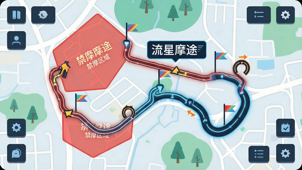 一张俯视视角的电子地图界面截图风格插画,地图上用高亮线条标出摩托车骑行路线,路线旁标注