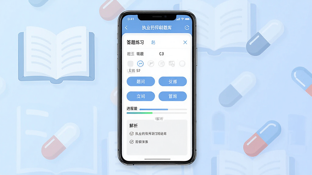 一款名为“执业药师刷题库”的手机应用界面展示图,主体为竖屏手机屏幕居中摆放,屏幕上呈现题库练习页面与答题卡布局,背景为浅蓝色渐变的书本与胶囊图标组合,排版简洁清晰,风格为扁平化教育类视觉,细节包含题目选项按钮、进度条与解析区域,画质清晰干净无多余元素