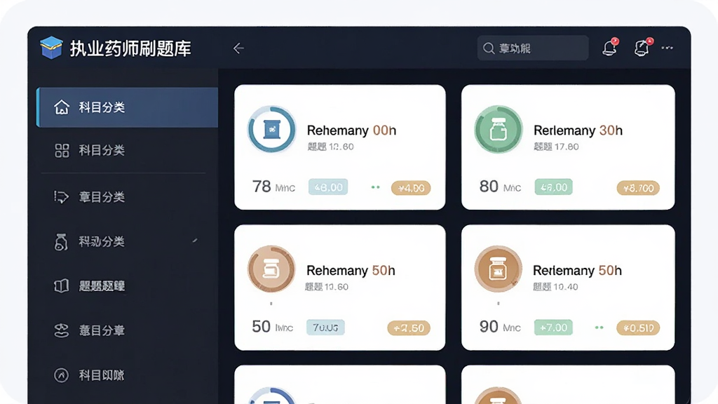 名为“执业药师刷题库”的软件功能展示图,画面中央为分栏式章节列表界面,左侧为科目分类导航,右侧为题目练习卡片,主体布局为左右对称的界面展示,风格为清爽教育类UI设计,细节包含进度环、章节图标与题目数量标签,画质清晰干净