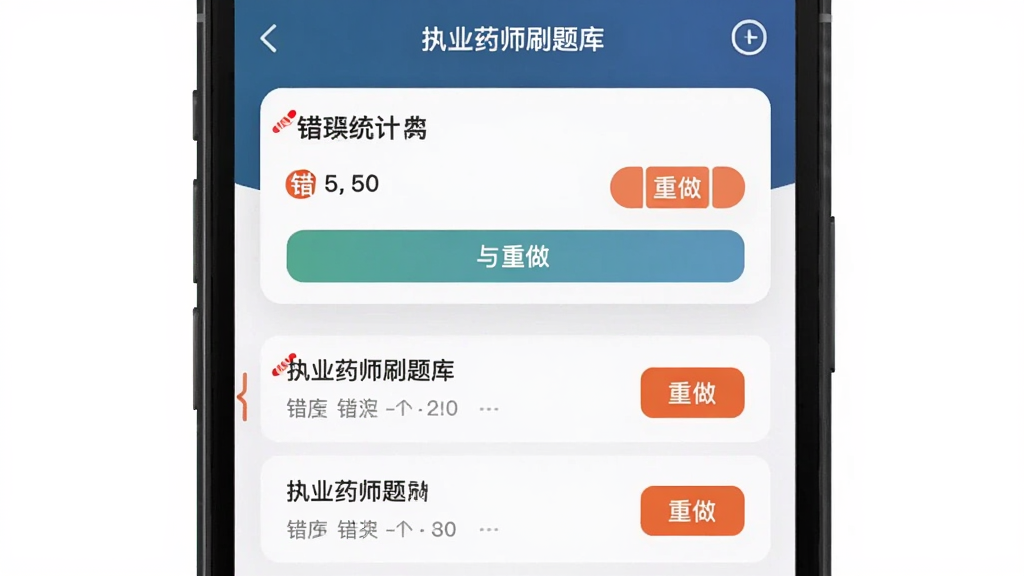 名为“执业药师刷题库”的错题本功能界面图,主体为手机屏幕中的错题列表与重做按钮,布局为上下结构,上方为错题统计卡片,下方为题目条目滚动列表,风格为简洁工具类视觉,细节包含红色错误标记、重做按钮与筛选标签,画质清晰干净