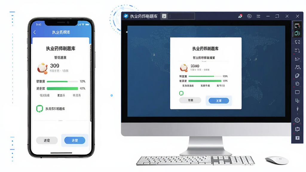 名为“执业药师刷题库”的软件在手机与电脑模拟器上同时运行的展示图,主体为左右并列的手机界面与电脑屏幕界面,布局为对比式排版,风格为科技教育类视觉,细节包含答题页面、进度条与模拟器窗口边框,画质清晰干净无多余元素