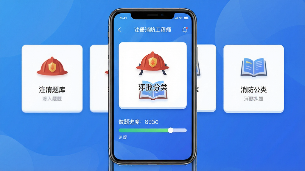 一款手机应用界面展示,屏幕中央显示注册消防工程师刷题库的启动页,画面主体为一部竖屏智能手机,手机屏幕内呈现题库分类卡片与做题进度条,布局居中对称,排版清晰有序,风格为现代扁平化教育类APP设计,细节包括消防头盔图标、书本元素与蓝色渐变背景,画质高清,干净简洁,无多余元素