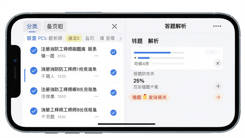 一部手机横屏展示注册消防工程师刷题库的做题界面,屏幕左侧为题目列表与分类标签,右侧为答题卡与解析区域,布局左右分栏,排版工整,风格为清爽浅色教育软件界面,细节包括蓝色勾选图标、进度百分比与错题标记,画质清晰,干净无杂物