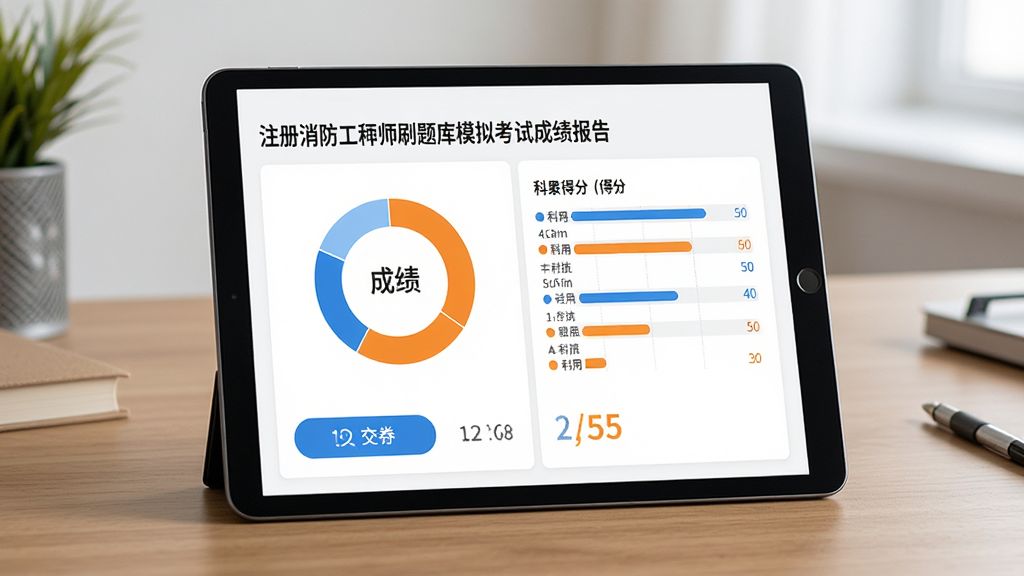 一部平板电脑放置在书桌上,屏幕显示注册消防工程师刷题库的模拟考试成绩报告页面,画面主体为成绩环形图与科目得分列表,布局上方为标题下方为图表,排版清晰,风格为简约商务教育风,细节包括蓝色与橙色数据条、交卷按钮与时间显示,画质高清,干净整洁