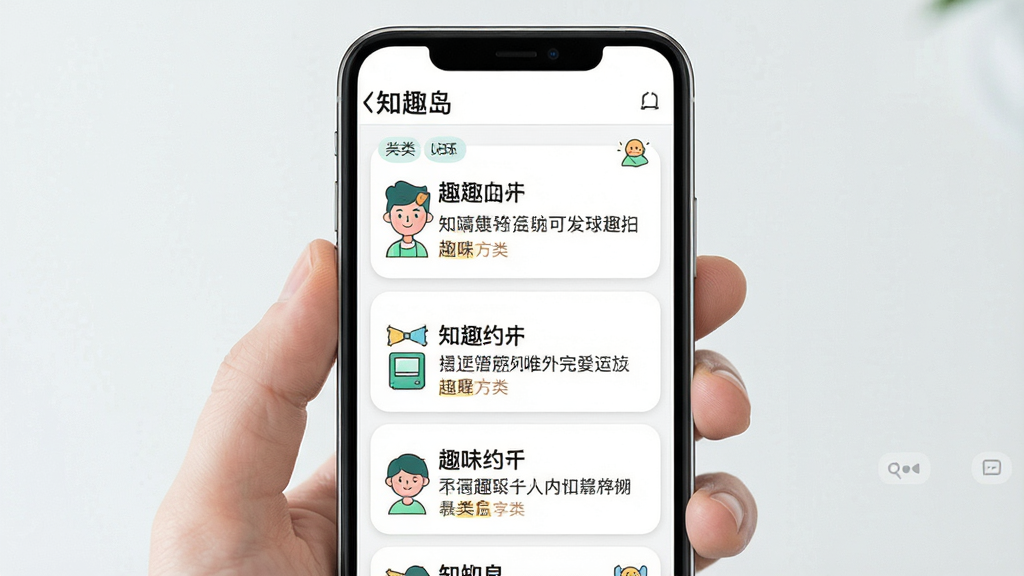 一张信息流内容展示的AI生图,画面主体为手机屏幕中的“知趣岛”内容列表,布局为纵向滚动卡片式排版,每张卡片包含标题和简短的趣味文字摘要,风格为明快清新的扁平插画风,细节包含分类标签和小图标,画质清晰干净,无杂乱元素