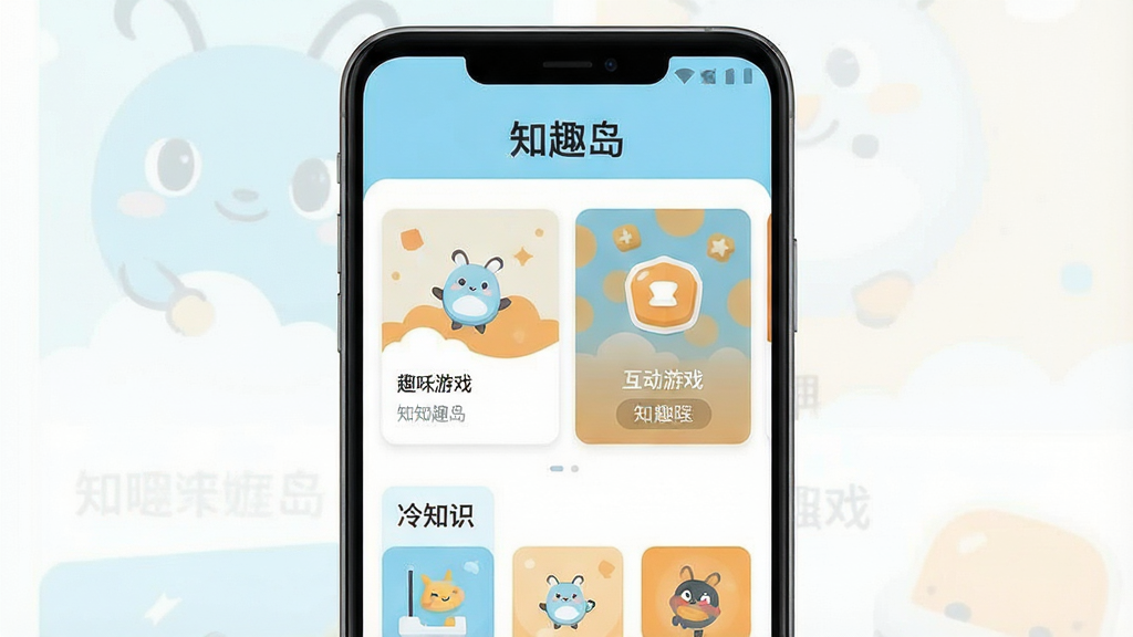 一张手机应用界面展示图,画面中央是一部竖屏安卓手机,屏幕内显示“知趣岛”应用首页,顶部有“知趣岛”文字标识,页面布局包含趣味卡片、互动小游戏入口和冷知识推荐栏,配色以浅蓝和暖橙为主,风格清新简约,扁平化设计,细节清晰,画质干净明亮,无多余装饰元素