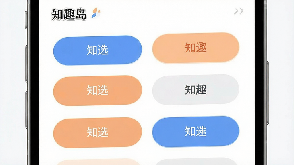 一张个性化推荐设置界面的AI生图,画面主体为手机屏幕显示“知趣岛”标签选择页面,布局为多个圆角标签按钮排列成网格状,风格为柔和圆角卡片设计,细节包含已选和未选状态的颜色区分,画质干净整洁,无多余元素
