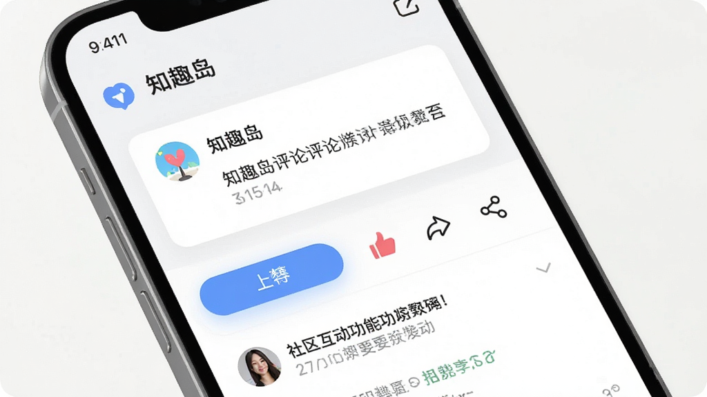 一张社区互动功能展示的AI生图,画面主体为手机屏幕中“知趣岛”的评论与点赞区域,布局包含内容卡片下方的互动按钮和评论列表,风格为简约社交界面风格,细节有点赞高亮和分享图标,画质清晰柔和,干净无杂乱