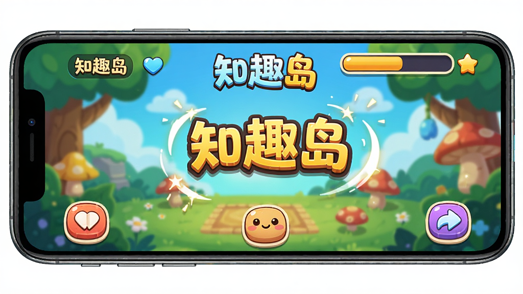 一张展示手机内小游戏界面的AI生图,画面主体为一部手机横屏或竖屏显示“知趣岛”小游戏画面,布局包含游戏主区域和得分进度条,风格为活泼卡通风格,细节有彩色按钮和动态效果暗示,画质清晰明亮,干净无多余元素