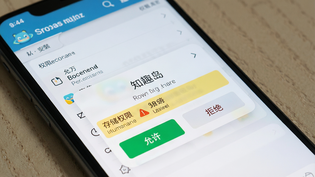一张手机应用安装与权限设置界面的AI生图,画面主体为手机屏幕显示“知趣岛”安装完成后的权限请求弹窗,布局包含权限列表和允许/拒绝按钮,风格为简洁系统界面风格,细节有存储权限高亮提示,画质清晰干净,无多余装饰
