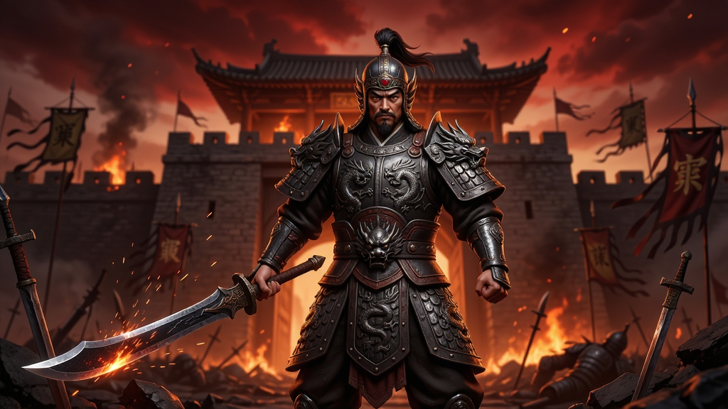 主体为一位身披玄铁重甲的东方武将手持长刀立于燃烧的古城门前,布局采用中心对称构图,上方为暗红色天空与硝烟,下方为碎石与兵器残骸,排版突出人物与城门比例,风格为东方玄幻写实游戏原画,细节包括铠甲上的龙纹雕刻、刀锋寒光、火星飞溅与远景战旗飘扬,画质高清锐利、色彩层次分明、画面干净无多余杂乱元素,图中不出现文字