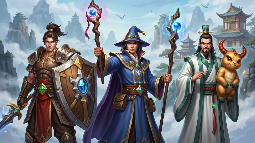主体为三位不同职业的游戏角色并肩站立,左侧战士持盾、中间法师举法杖、右侧道士携召唤兽,布局为横向一字排开,背景为云雾缭绕的仙山楼阁,排版人物占据画面中下部,风格为东方奇幻CG插画,细节包括角色服饰纹理、武器光效、召唤兽形态,画质精致、色彩饱和度高、画面干净无多余装饰元素,图中不出现文字